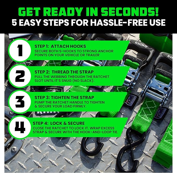 Rhino USA Ratchet Straps Heavy Duty Kit (4-Pack) - 1.6 Inch x 8 Feet Min Break Strength (5,000) - Ultimate Tie Down Straps with Safety S Hooks for Trucks, ATV, UTV, Motorcycle, Cargo & More - Green