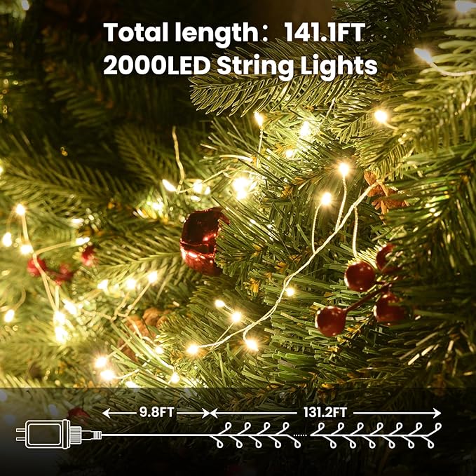 Fairy Lights Plug in, Dailyart 2000 Led Twinkle String Light with Remote 130Ft Waterproof 8 Modes Warm Cluster Lights with Timer for Bedroom Wreath Window Wedding Christmas Tree Decoration,Sliver Wire