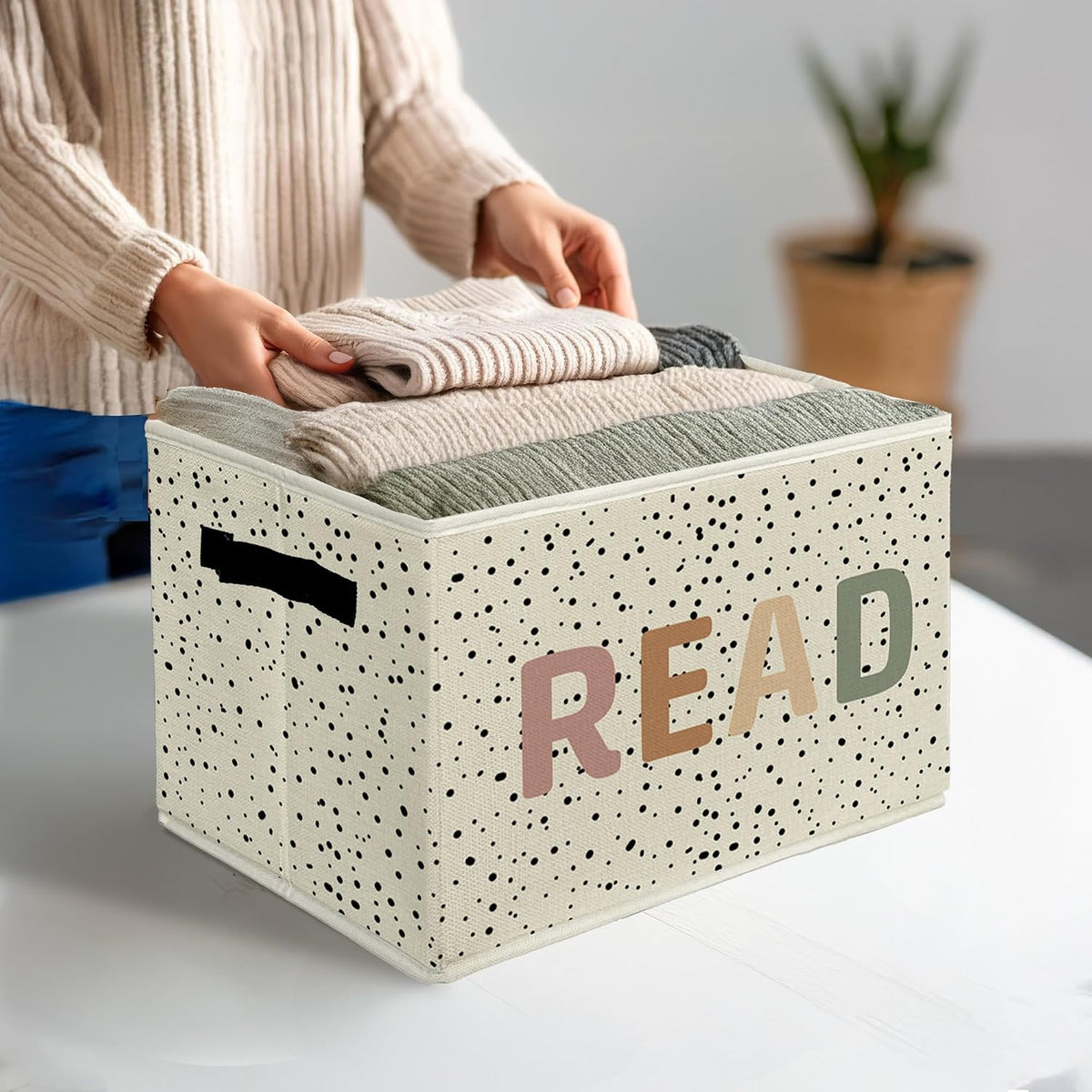 Boho READ Book Storage Bins & Boxes with Handles, Kids Foldable Basket for Organizing, Boho Nursery Collapsible Storage Basket for Kids Room Bedroom Reading Corner Nook Room Clothes Toys Books