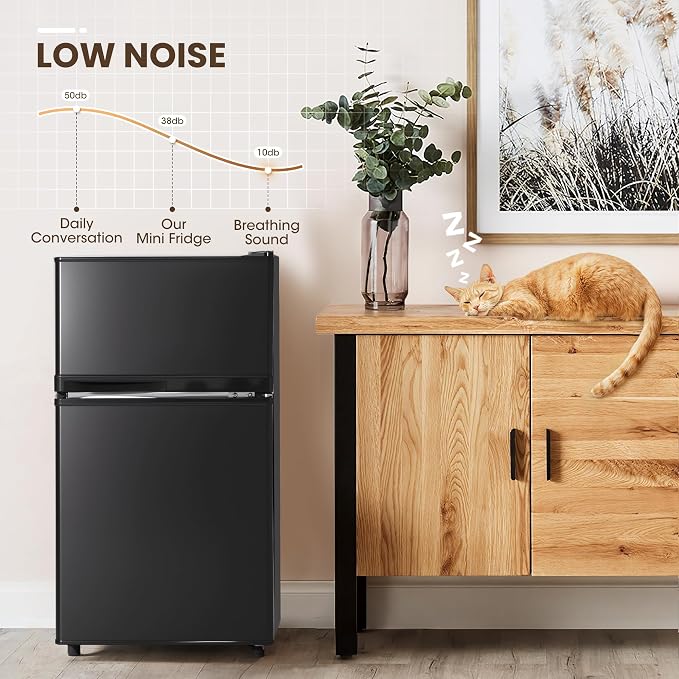 3.6 Cu.Ft Refrigerator with Freezer for Kitchen Office, Black | Double Door Small Fridge with Freezer, 7-Level Thermostat, Adjustable Shelves & Quiet Operation for Dorm and Bedroom