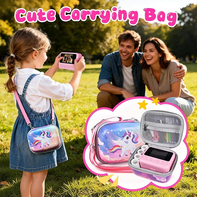 Kids Instant Print Camera with Carrying Bag, 1080P HD Girl Camera with 4 Print