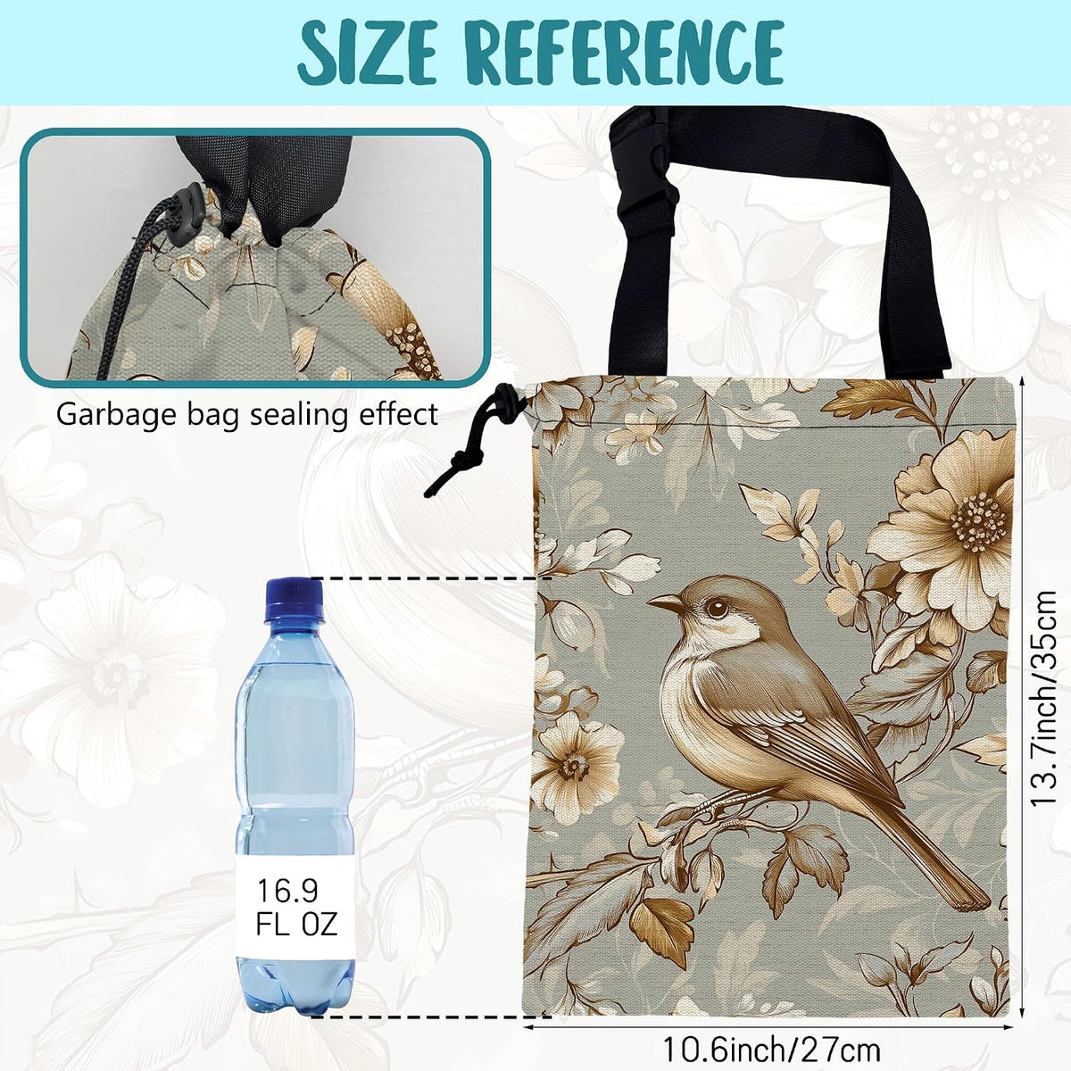 Car Garbage Bag Vintage Bird and Floral Hanging Canvas Car Trash Bag Drawstring Car Back Seat Organizer for Car Back Front Seat Console with Adjustable Buckle