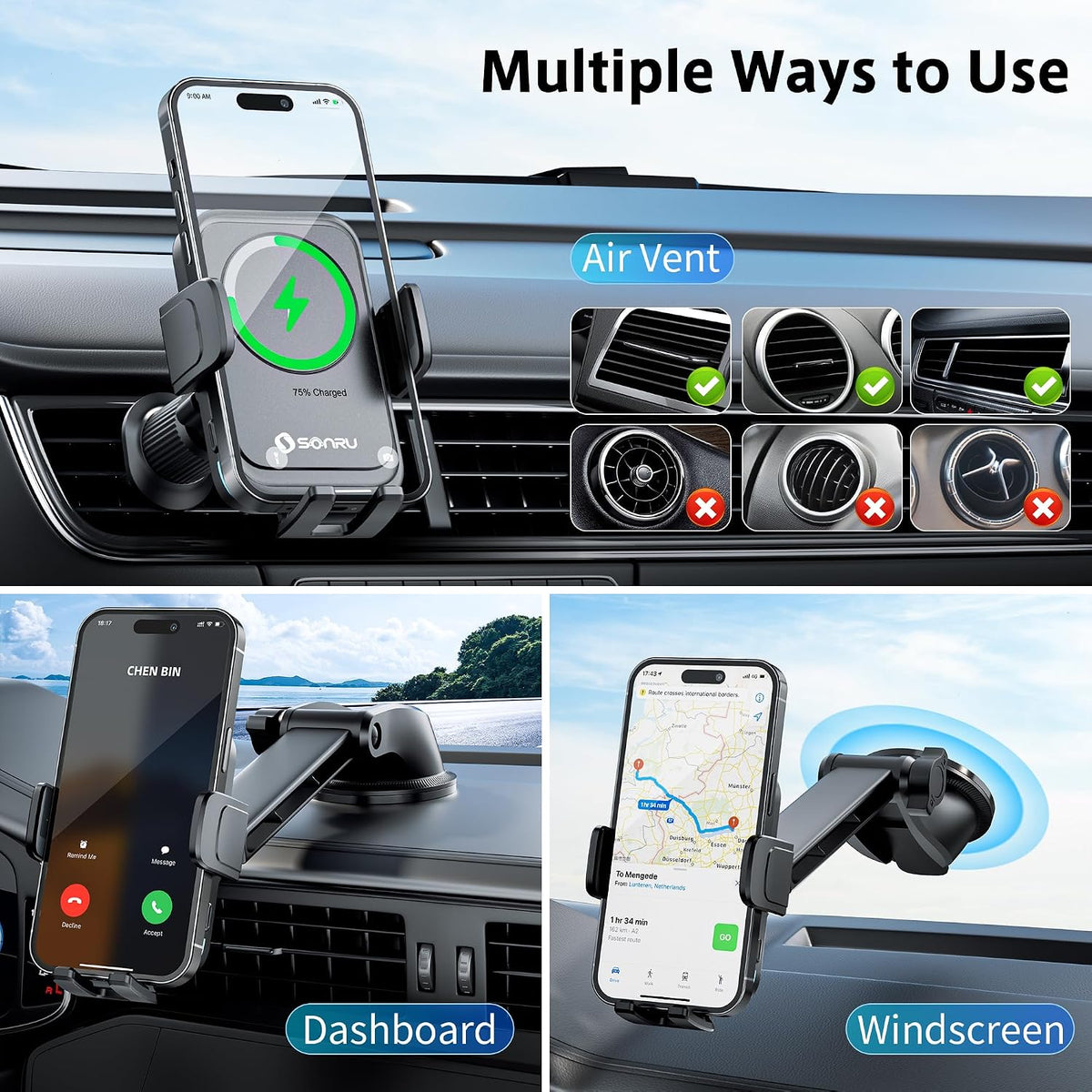 SONRU Car Phone Holder Wireless Charger, Qi 15W Wireless Car Charger Fast Charging Auto Clamping Car Charger Mount Suction Holder Dashboard Air Vent for iPhone 16/15/14/13/12/11, Samsung S25/24