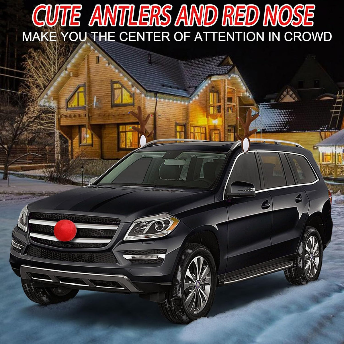 Christmas Car Reindeer Antlers with Ears and Nose - Festive Plush Antler Kit with Hanging Light - Universal Fit Rudolph Holiday Decoration for Car Window SUV Truck Xmas Gift