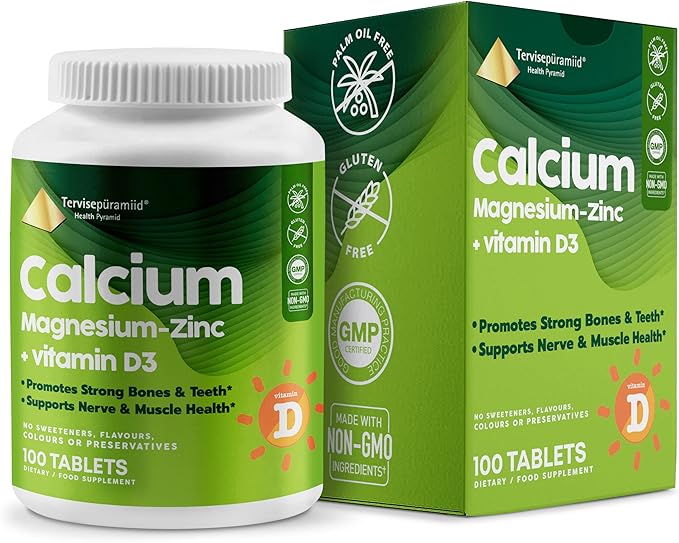 Health Pyramid Calcium Magnesium Zinc with Vitamin D3 Supplement for Strong Bones and Teeth Cal Mag Zinc Supports Nerve and Muscle Health 100 Vegan Tablets