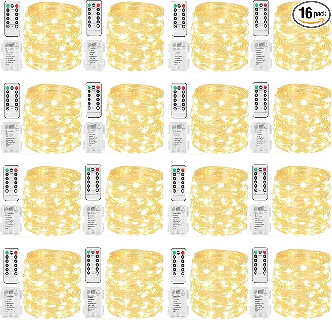 Beieverluck 16 Pack 33FT 100 LED Fairy Lights Battery Operated Fairy Lights with Remote and Timer Waterproof String Lights Outdoor Indoor for Bedroom Wedding Christmas Decorations, Warm White