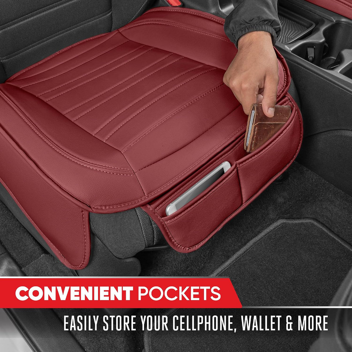 Motor Trend Faux Leather Front Seat Cover for Cars - (1) Burgundy Front Car Seat Covers for SUV & Truck with Storage Pockets - Automotive Car Seats Cover Protector - for Bottom Cushion Coverage Only