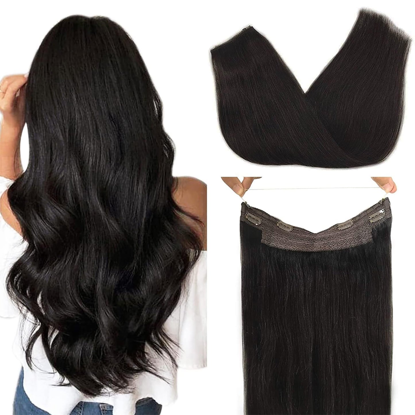 Goo Goo Wire Hair Extensions Human Hair, 1B Natural Black Natural 16Inch 95G, Invisible Wire Hair Extensions With Transparent, S