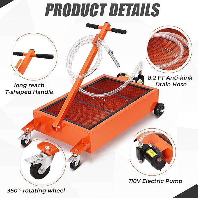 15 Gallon Oil Drain Pan with 110V Electric Pump, Low Profile Oil Drain Pan for Oil Change, Oil Change Pan with 8 Ft Hose and Folding Handle, Rolling Oil Drain Cart for Car, SUV, Trucks, Orange
