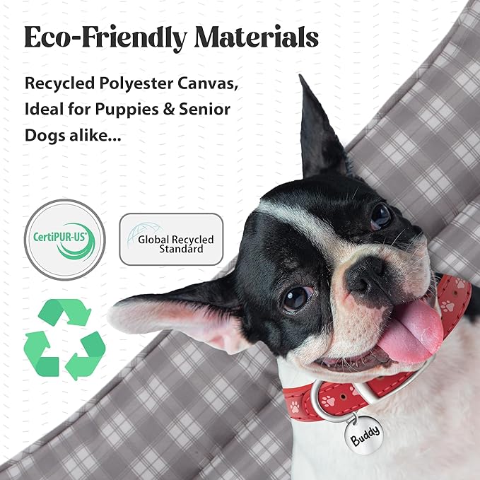 Orthopedic Bolster Dog Bed – CertiPUR-US Foam, Recycled Polyester Canvas, Washable Cover, Anti-Slip Bottom, Small, Navy Plaid – Stylish Designer Dog Sofa