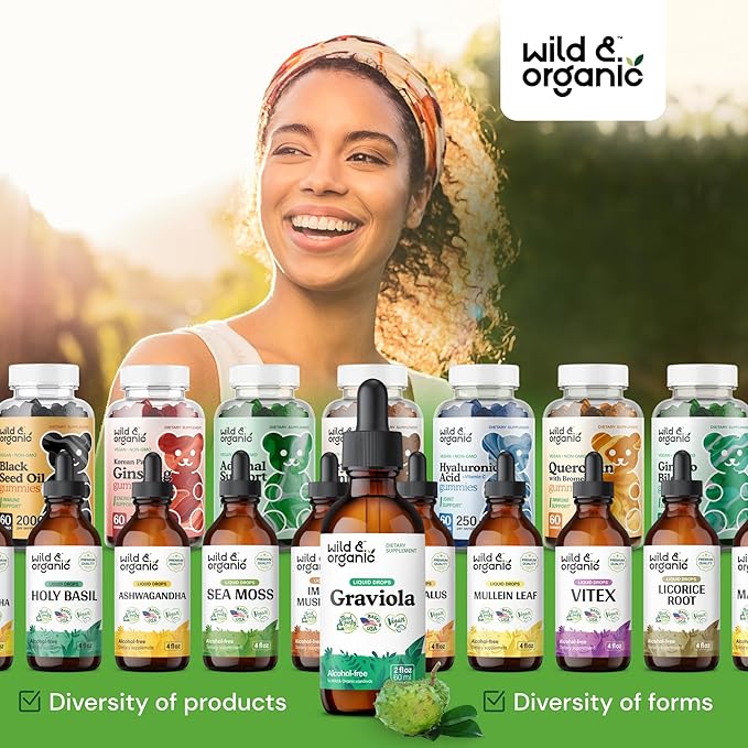 Wild & Organic Soursop Graviola Liquid Drops - Guanabana Leaves & Soursop Fruit Tincture for Antioxidant Support - Graviola Leaf Extract Supplement - Vegan, Sugar & Alcohol-Free - 2 fl oz