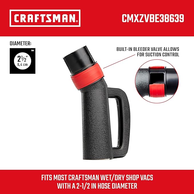 CRAFTSMAN CMXZVBE38639 2-1/2 in. Hose Grip Handle Wet Dry Vac Attachment with Bleeder Valve, Industrial-Grade Shop Vacuum Accessory for Reducing Hand Fatigue, Fits 2-1/2 in. Hose Diameter