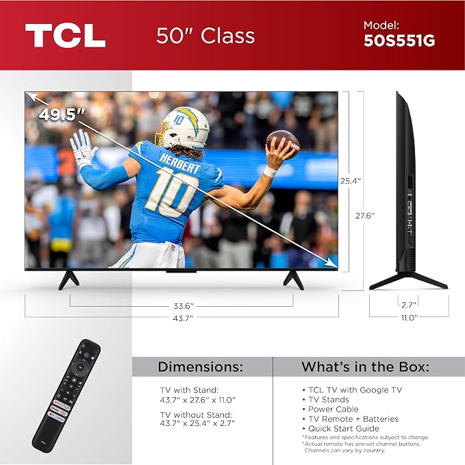 TCL 50-Inch Class S5 4K UHD LED Smart TV with Google TV (50S551G, 2024 Model), Google Assistant Built-in with Voice Remote, Compatible with Alexa, Streaming Television
