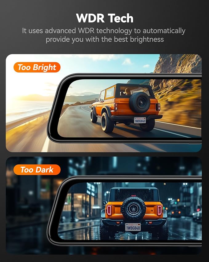 WOLFBOX G840S 12" 4K Mirror Dash Cam Backup Camera, 5.8GHz WiFi Smart Rearview
