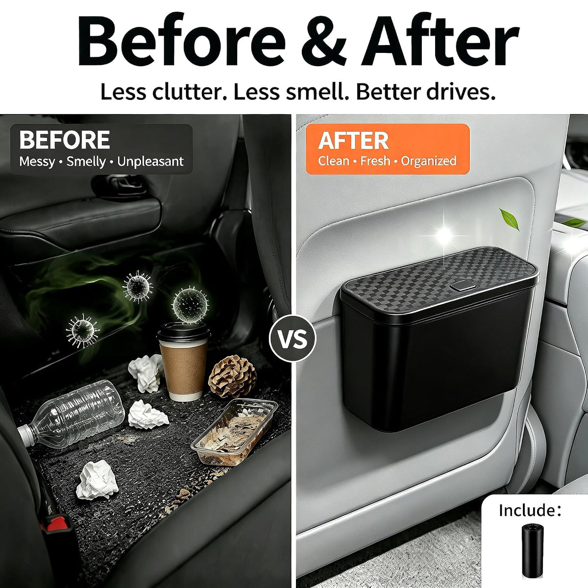 Mini Car Trash Can with Lid,Black ABS Hanging Bin for Door and Seat Back