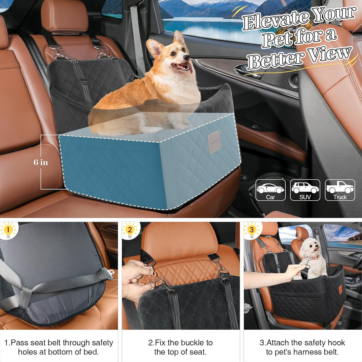Small Dog Car Seat, Memory Foam Dog Booster Car Seats with Thick Cushion for Medium Dogs Under 35lbs, Detachable Washable Pet Seat with Storage Pockets,2 Safety Belts (Black, Medium)