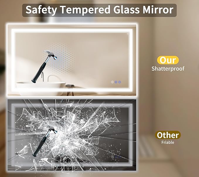 36"x48" LED Bathroom Mirror with Lights, Anti-Fog, Backlit + Front Lit, Dimmable, Led Vanity Mirror for Wall, Lighted Bathroom Mirror, 3 Colors, Shatter-Proof Tempered Glass
