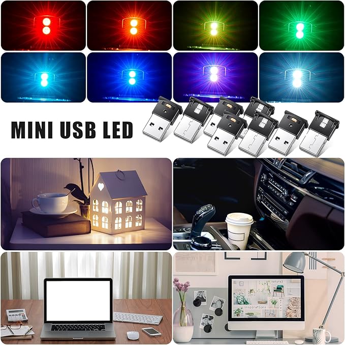 Frienda 2 Pieces Mini USB LED Light, Car LED Interior Lighting 5v Smart USB Atmosphere Light, Laptop Keyboard Office Decoration Night Lamp, Adjustable Brightness, 8 Colors