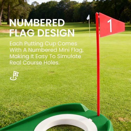 FINGER TEN Golf Putting Cup with Numbered Flag Design Value 6 or 9 Pack, Durable Plastic Practice Cups Golf Training Aids, Lightweight Easy to Carry for Office Backyard Indoor Outdoor (Green-6 Pack)