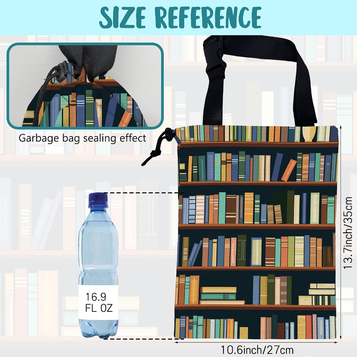 Car Trash Bag Books on Shelves Leak-Proof Car Garbage Bag with Drawstring Foldable Canvas Trash Bin with Adjustable Buckle for Car Accessories