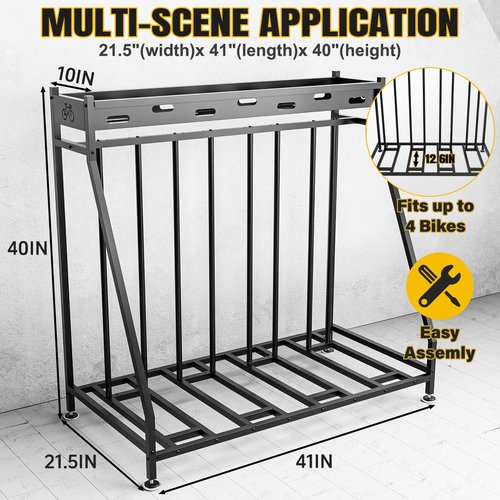 Hedyzone 4 Bike Stand Steady Bike Rack Garage with Baskets Storage Indoor Bike Storage Rack Metal Floor Bicycle Station for Parking Suitable for Mountain, Hybrid, Adult and Kids Bikes