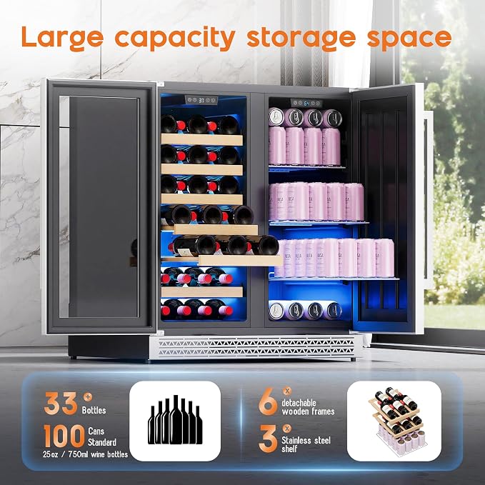 Albott 30 Inch Wine and Beverage Refrigerator, Dual Zone Wine Cooler | 37–64℉ Digital Temperature Control, Built-in or Freestanding Design, Holds 33 Bottles & 100 Cans Beer, Soda, Champagne