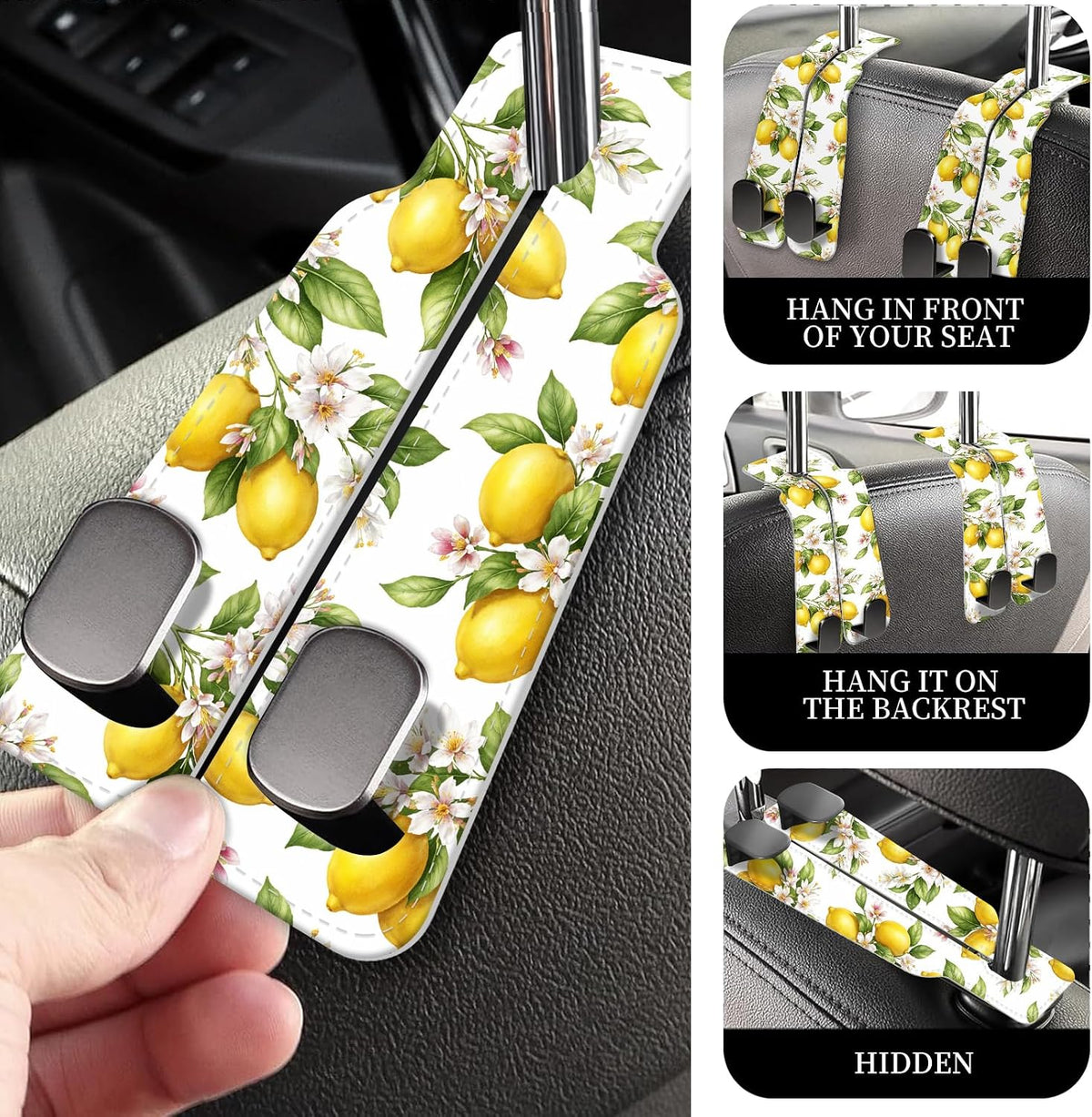 PU Leather Car Seat Hook, Storage Headrest Hanger, Cute Car Backseat Organizer, Car Hooks For Purses and Bags, Lemon Branch