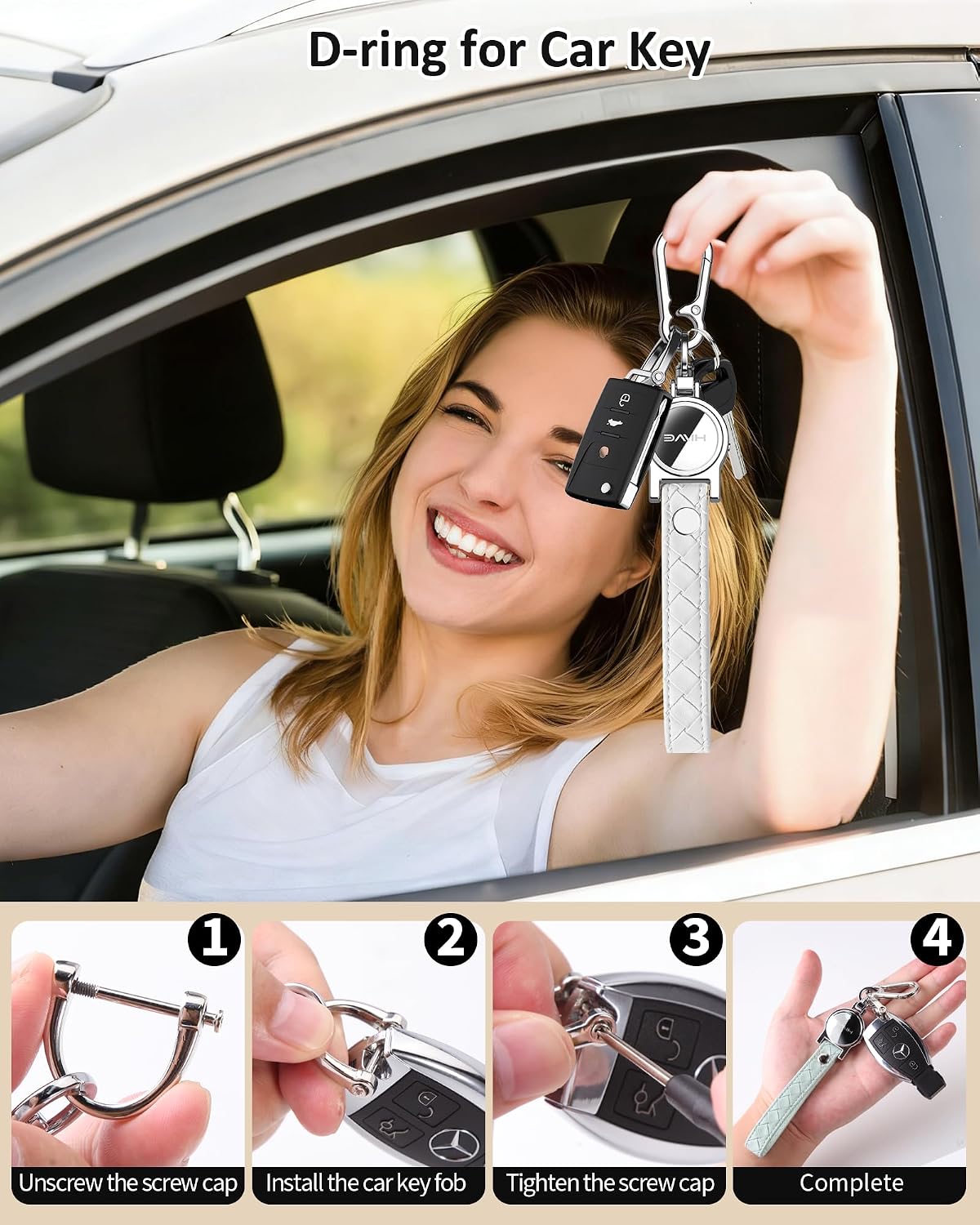 HiWe Anti-Lost Keychain, Works with Apple Find My, Carabiner Car Key Holder with Texture Leather Strap, Bluetooth Key Finder Tracker, USB-C Rechargeable, White