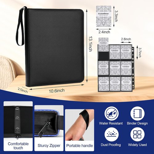 Card Binder - 720 Capacity Zippered Holder for MTG, Sports & Collectible Cards - Durable, Acid-Free Storage (Black, 9 Pocket)