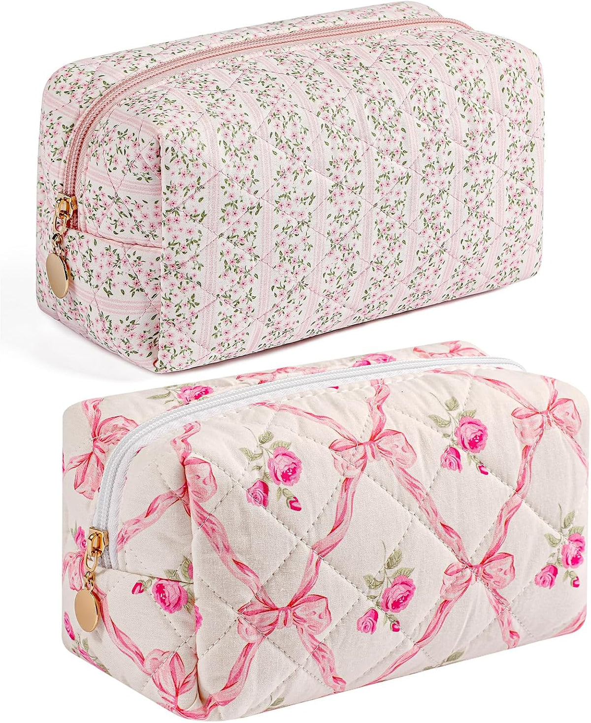 Makeup Bag Travel Cosmetic Bag for Women Girls, Zipper Make Up Pouch, Floral Flowers Toiletry Organizer Makeup, Portable Storage Bag, Cosmetic Travel Cloth Bag (Pink+Pink Bowknot)