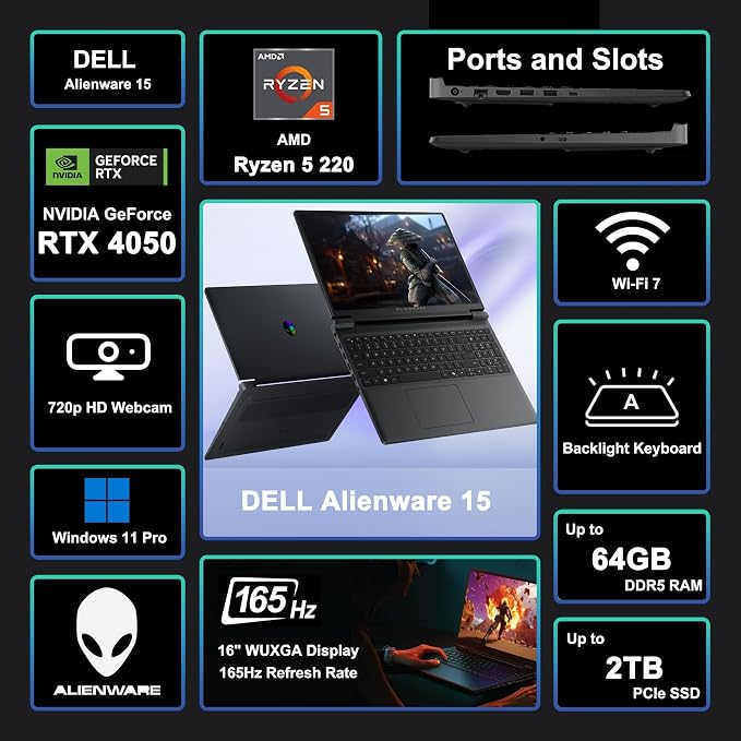 Dell Alienware 15 Gaming Laptop 15.3" WUXGA 165Hz AMD 6-core Ryzen 5 220 32GB RAM 2TB SSD GeForce RTX 4050 Type-c Backlit Win11Pro