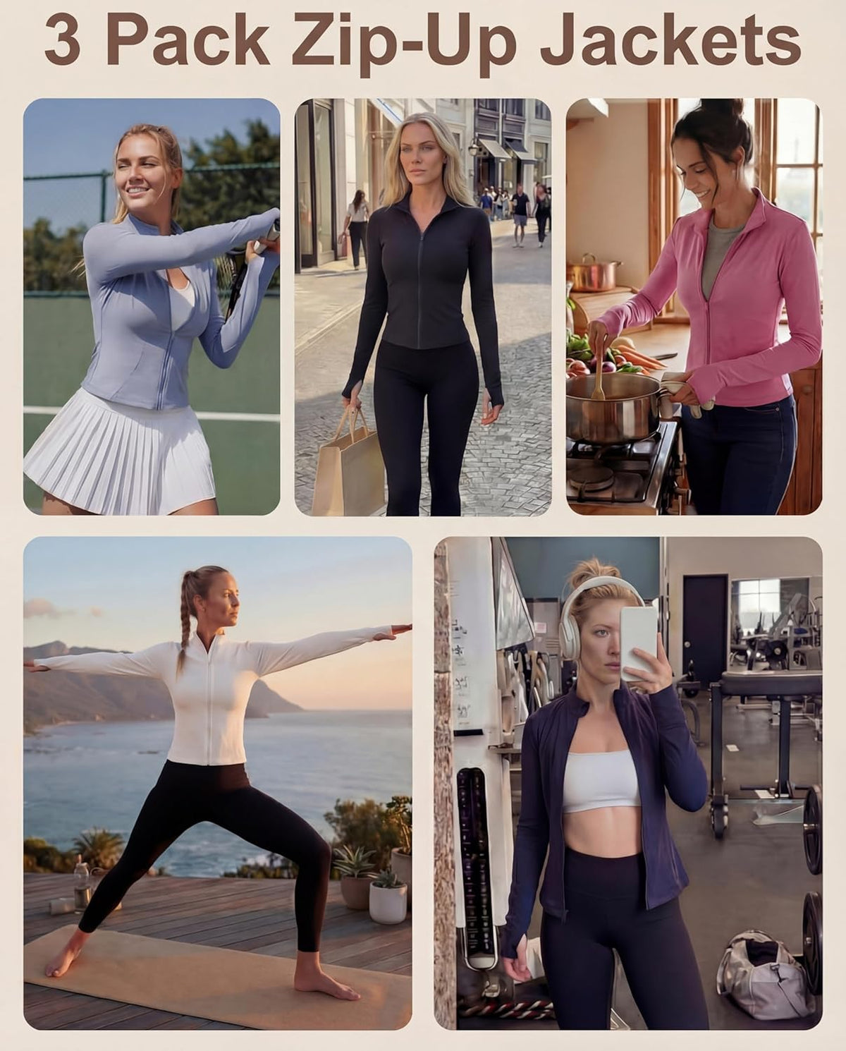 Shyyween Women's Slim Fit Cropped Workout Jacket - Zip-Up Athletic Tops with Thumb Holes | 3 Pack