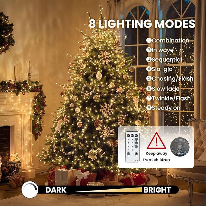 Dailyart Fairy Lights Plug in, 2000 Led Twinkle String Light with Remote 130Ft Waterproof 8 Modes Warm Cluster Lights with Timer for Bedroom Wreath Window Wedding Christmas Tree Decoration,Gold Wire