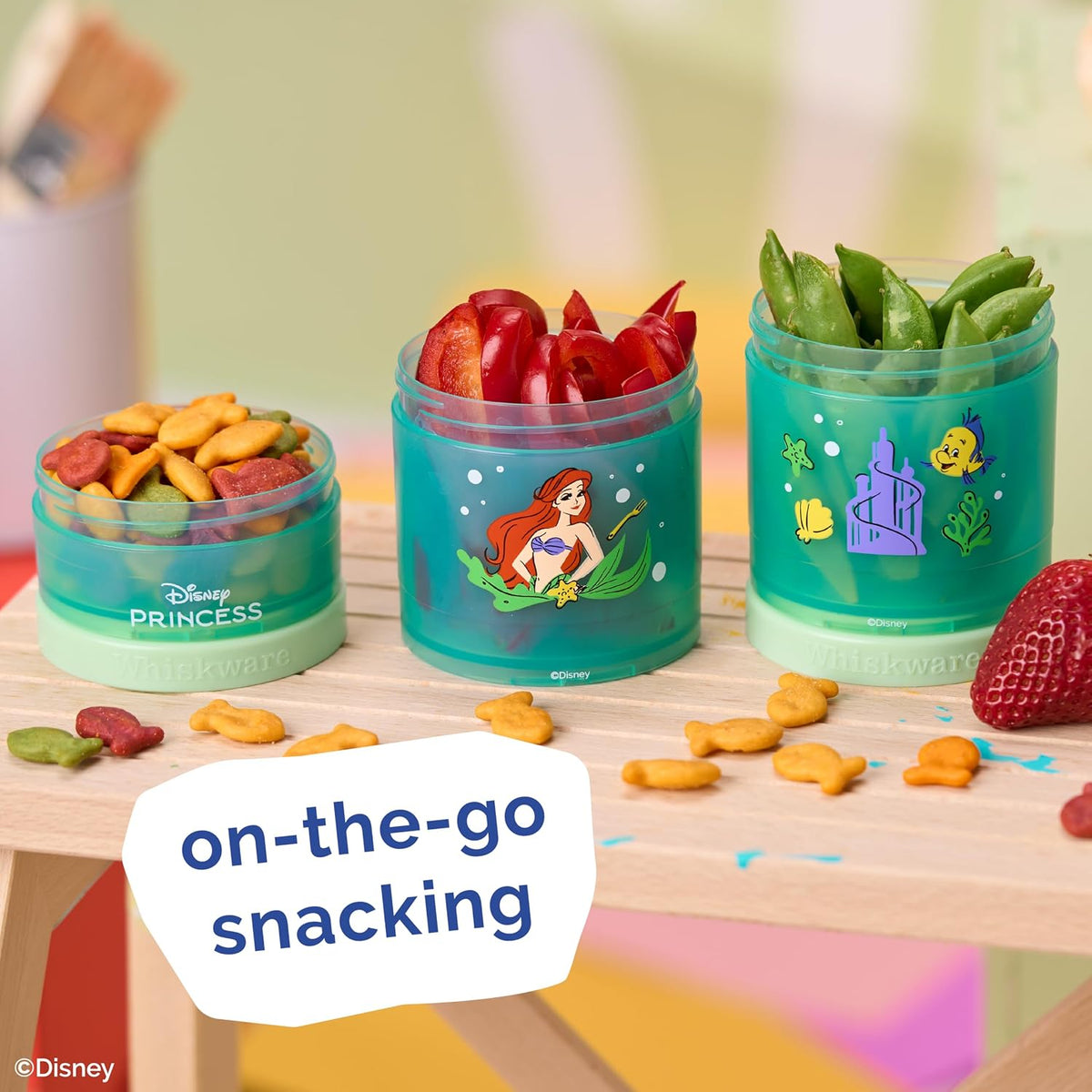 Whiskware Disney Princess Stackable Snack Containers for Kids, 3 Stackable Snack Cups for School and Travel, Ariel and Flounder