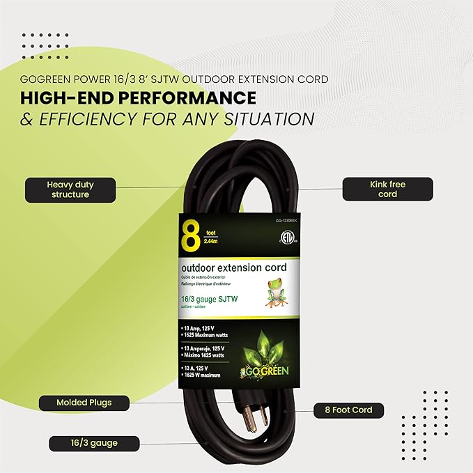 Go Green Power Inc. (GG-13708BK) 16/3 SJTW Outdoor Extension Cord, Black, 8 ft