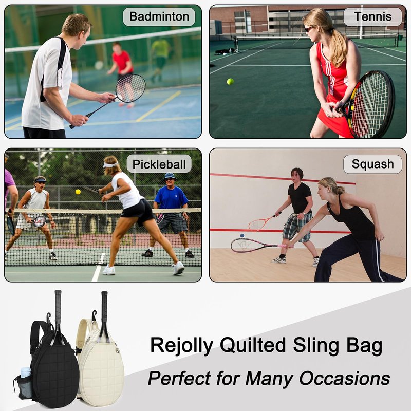 Rejolly Tennis Racket Sling Bag for Women Men Quilted Water Resistant Racquet Cover One Shoulder Crossbody Bag for 2 Tennis Rackets, Pickleball Paddles, Badminton Racquet Cream White