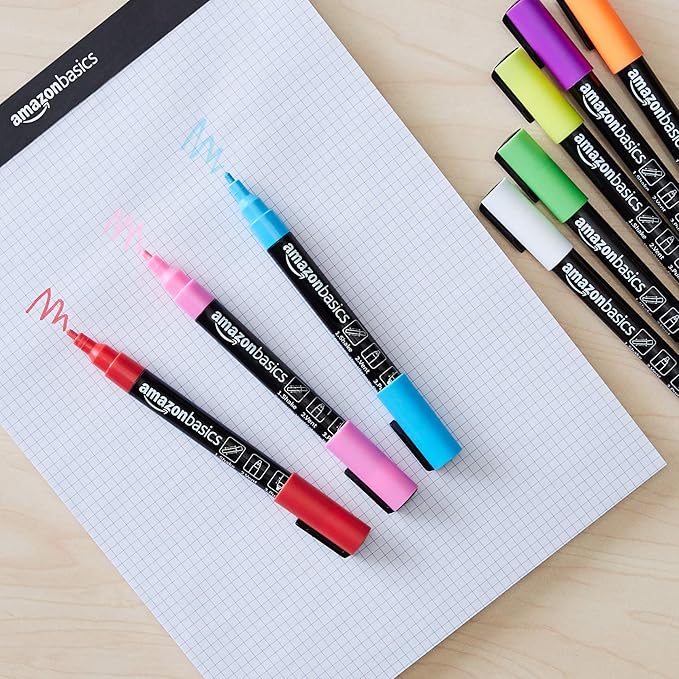 Amazon Basics Bullet/Chisel Reversible Tip Chalk Markers, Fine Point, 8-Pack, Bright Colors