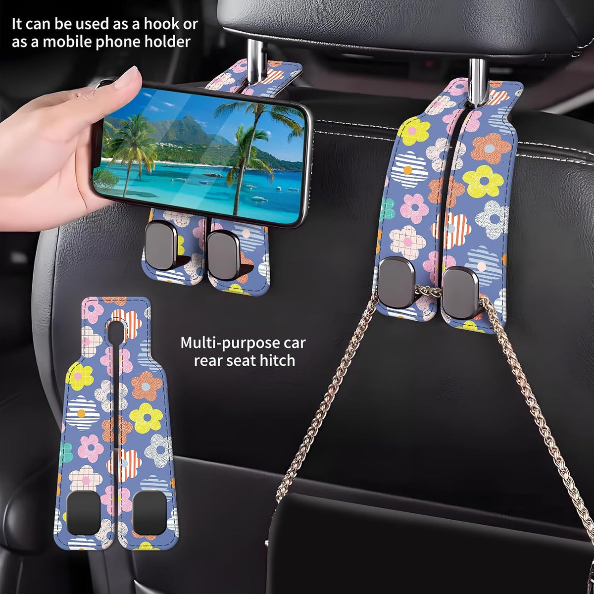 Car Seat Back Storage Headrest Hook, Premium Leather Double Metal Hook, Hanger Storage Organizer for Purse Cloth Bag, Car Interior Accessories Colorful Cute Daisy