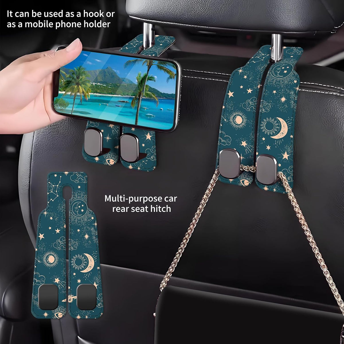 Car Seat Back Storage Headrest Hook, Premium Leather Double Metal Hook, Hanger Storage Organizer for Purse Cloth Bag, Car Interior Accessories Cute Blue Sun Boho
