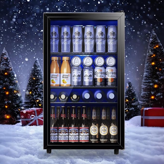 3.5 CU.FT Beverage Fridge Mini Refrigerator Soda Cooler Glass Door Featuring LED Light & Adjustable Shelves,7 Modes Ideal for Apartment, Office, Dorm