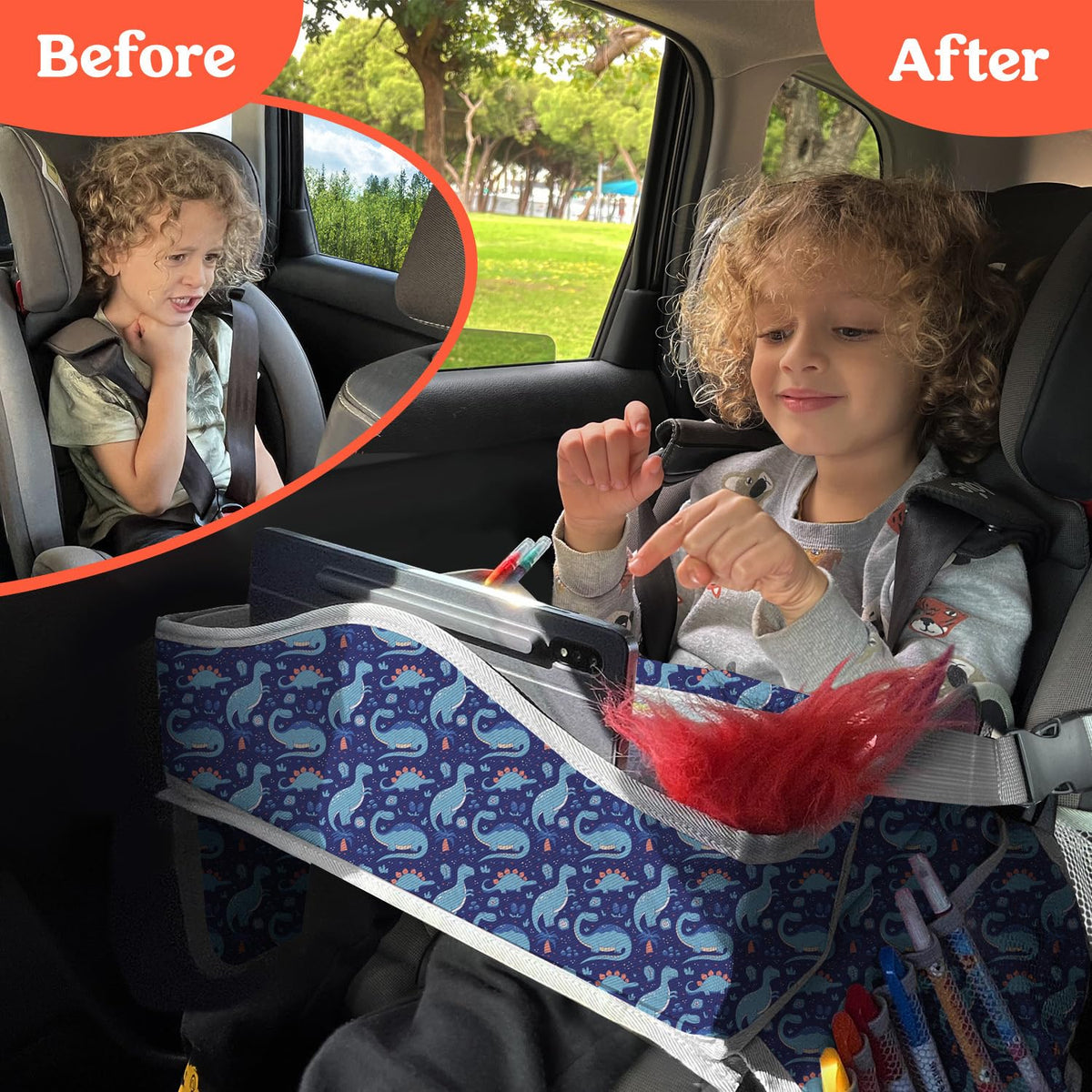 PILLANI Kids Travel Tray for Car - Toddler Essentials for Road Trip, Carseat Tray for Kids Travel, Car Activities for Kids Ages 4-8 w/ Activity Sheets & Pens, Tablet Holder, Dry Erase Board,Cup Holder
