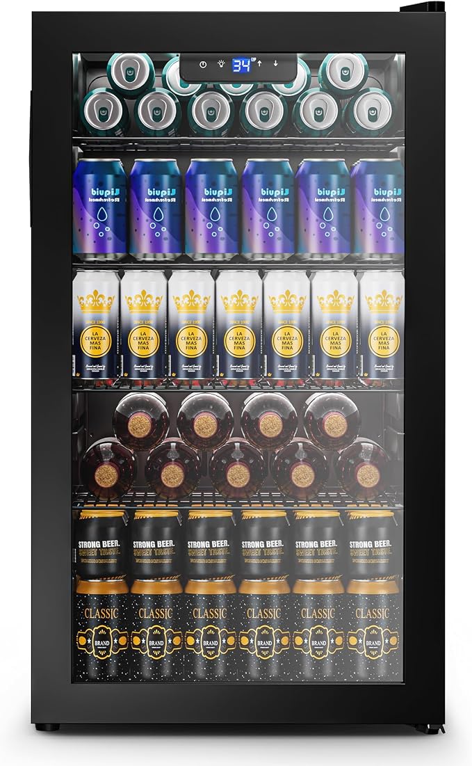 130 Can Beverage Refrigerator, Reversible Door, 3.2 Cu.Ft Drink Cooler | Glass Door, Adjustable Thermostat 34–64°F, Freestanding Beverage Fridge for Soda, Beer & Home Bar