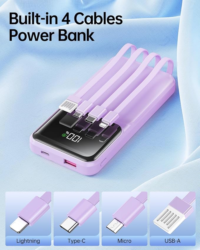 RONEGN Portable Charger with Built in Cable - Power Bank Fast Charging USB C LED Display 10000mah Battery Pack 5 Outputs & 3 Inputs for Travel Essentials iPhone Samsung Android Phones Tablets Purple