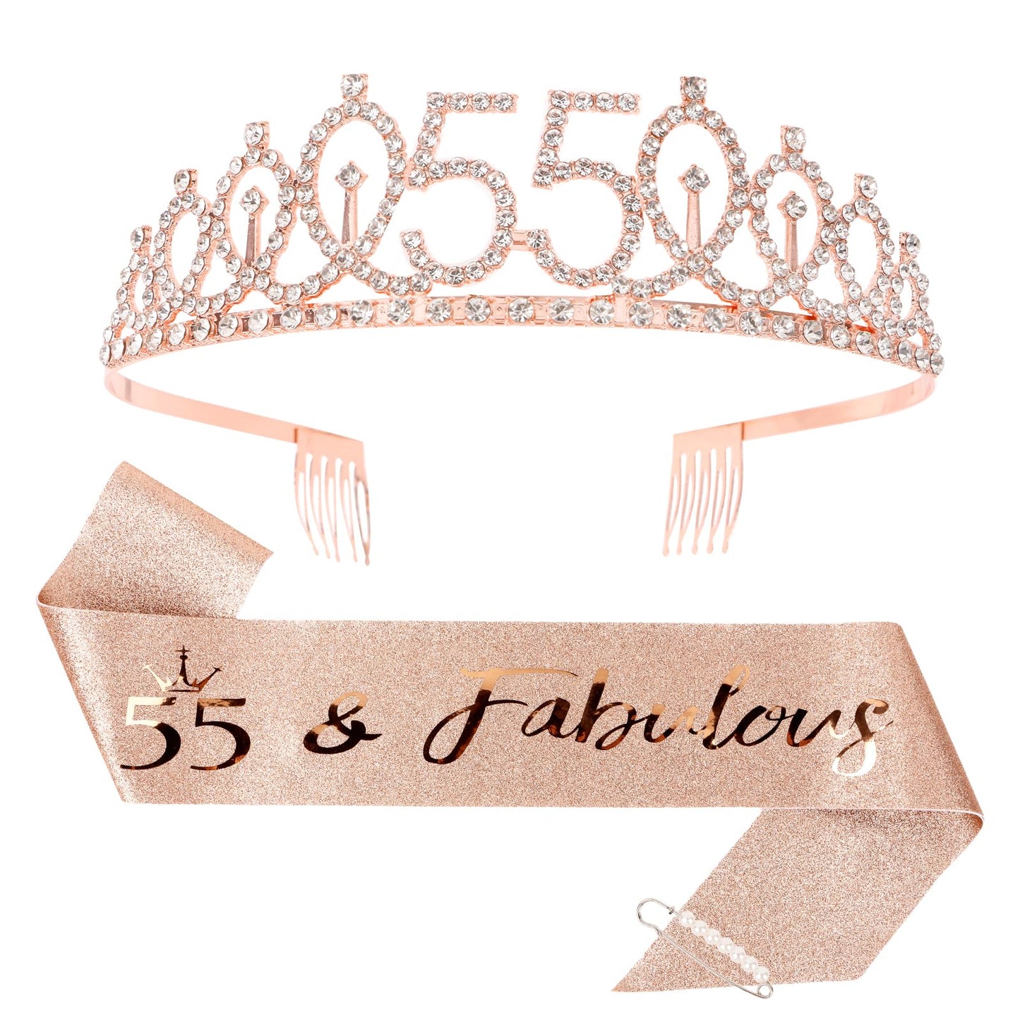 Cieher 55Th Birthday Crown + 55Th Birthday Sash + Pearl Pin Set,55 & Fabulous Birthday Sash, 55 Birthday Tiara, 55Th Birthday De