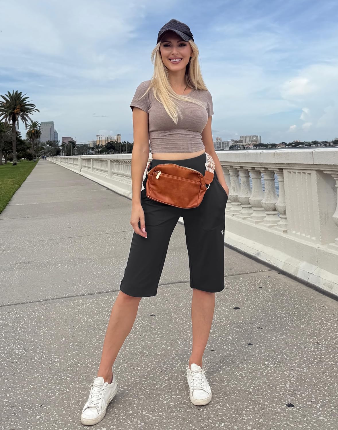 SANTINY Women's Knee-Length Bermuda Shorts - High-Waisted, Stretchy with Pockets | Perfect for Summer Casual Wear