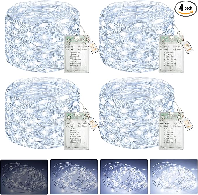 btfarm 4 Pack Fairy Lights Battery Operated with Timer, 16.4 FT 50 LED Silver Wire Twinkle String Lights 8 Modes Dimmable Waterproof for Indoor Christmas Bedroom Wedding Decorations, Cool White