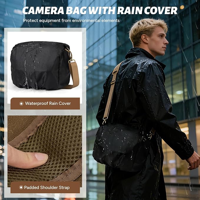 RAINSMORE Camera Bag, Vintage Canvas Camera Sling Bag Small Waterproof DSLR SLR