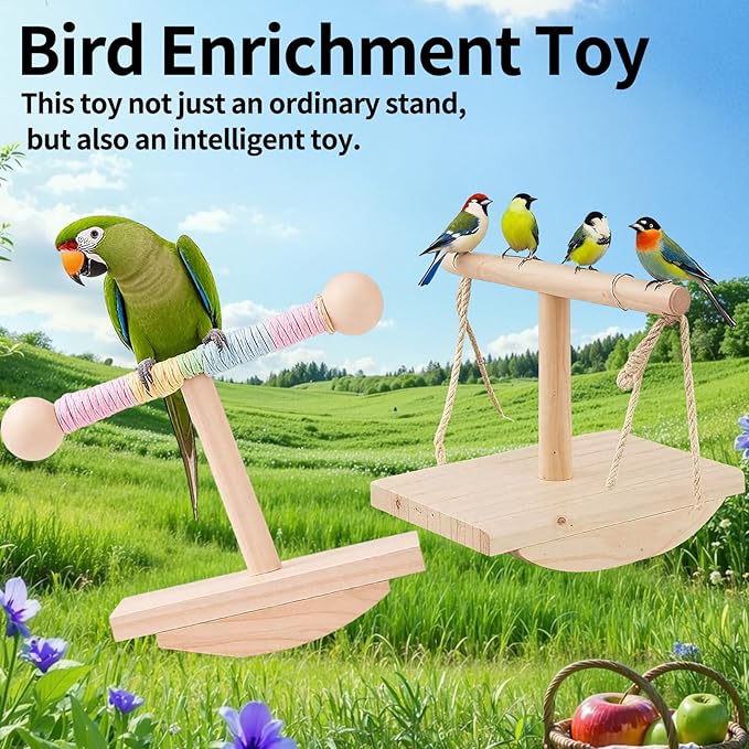 Parakeet Toys, Natural Wood Bird Perch Stand Training, Intelligence Puzzle Enrichment Toys for Parakeets,Wood Stand Toy for for Parakeets Budgies Conures Lovebirds Cockatiels (B, M)