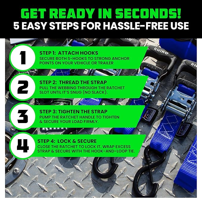 Rhino USA Ratchet Straps Heavy Duty Kit (2-Pack) - 1.6 Inch x 8 Feet Min Break Strength (5,000) - Ultimate Tie Down Straps with Safety S Hooks for Trucks, ATV, UTV, Motorcycle, Cargo & More - Blue