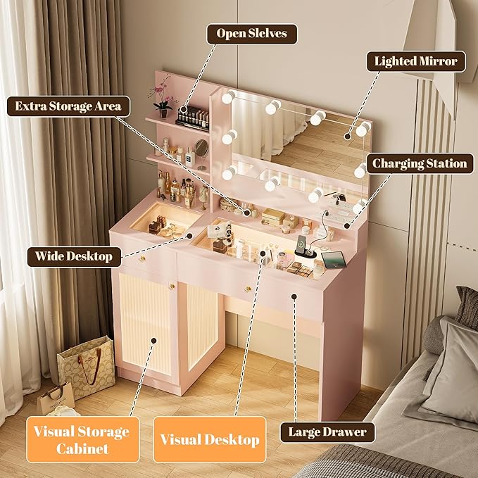 40" Vanity Desk with Large Mirror and Lights, Modern Glass Top Makeup Vanity Set with Power Outlet,Pink